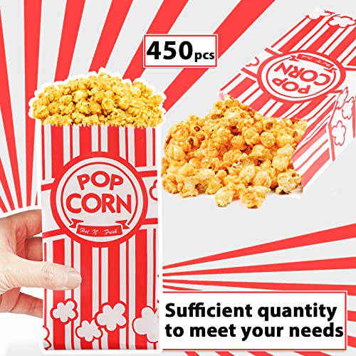 450Pcs Popcorn Bags,Flat Bottom Paper Popcorn Bags Plastic Popcorn Bags Concession-Grade,Pop Corn Bag Bulk,Popcorn Machine Accessories Red-White for Family Movie Night Baseball Themed Carnival