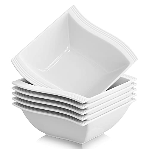 MALACASA Cereal Bowls Set of 6, 15oz Soup Bowls, Porcelain Ice Cream Bowls, White Bowls for Kitchen, Square Serving Bowls for Salads Fruits Pasta Dessert Side Dish, 5.3", Microwave Safe, Series Flora