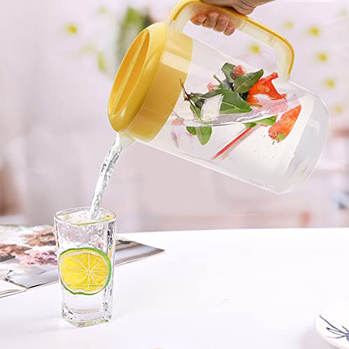 Jucoan 1 Gallon Plastic Straining Pitcher, Large Water Carafe Drink Pitcher Jug Clear Ice Tea Maker Beverage Pitcher with Yellow Strainer Cover, Handles, Measurements, Perfect for Ice Tea, Lemonade