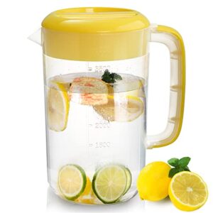 jucoan 1 gallon plastic straining pitcher, large water carafe drink pitcher jug clear ice tea maker beverage pitcher with yellow strainer cover, handles, measurements, perfect for ice tea, lemonade