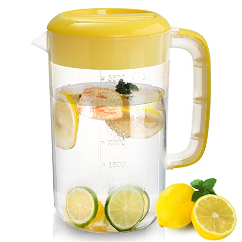 Jucoan 1 Gallon Plastic Straining Pitcher, Large Water Carafe Drink Pitcher Jug Clear Ice Tea Maker Beverage Pitcher with Yellow Strainer Cover, Handles, Measurements, Perfect for Ice Tea, Lemonade