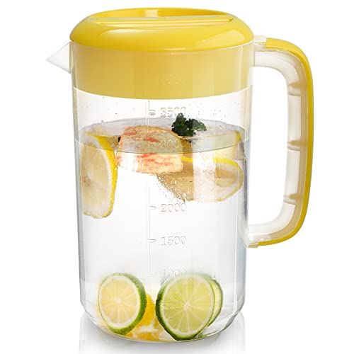 Jucoan 1 Gallon Plastic Straining Pitcher, Large Water Carafe Drink Pitcher Jug Clear Ice Tea Maker Beverage Pitcher with Yellow Strainer Cover, Handles, Measurements, Perfect for Ice Tea, Lemonade