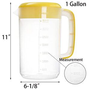 Jucoan 1 Gallon Plastic Straining Pitcher, Large Water Carafe Drink Pitcher Jug Clear Ice Tea Maker Beverage Pitcher with Yellow Strainer Cover, Handles, Measurements, Perfect for Ice Tea, Lemonade