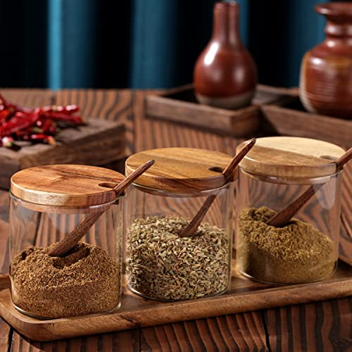 3 Pack 250ml / 8.5oz Clear Glass Seasoning Jar with Wooden Lid and Spoon, Adorable Sugar Bowl Bath Salt Storage Container, Kitchen Pepper