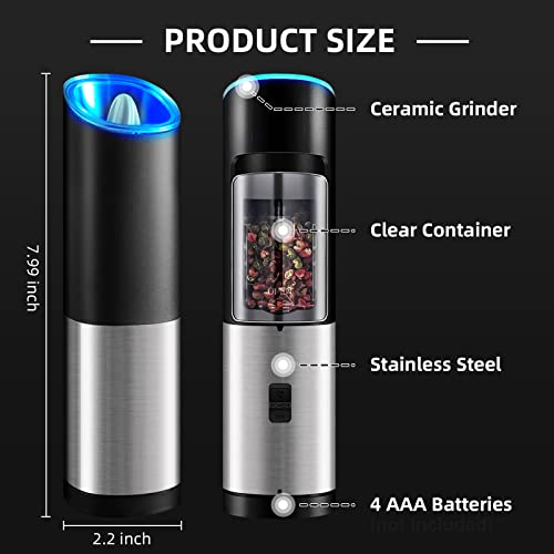 Rocyis Electric Salt and Pepper Grinder-Gravity Automatic Spice Mill Set-Battery Powered w/LED Light, Adjustable Coarseness, One Hand Operated Smart Kitchen Gadgets, Stainless Steel, 2 Pack