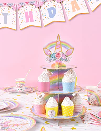 Unicorn Cupcake Stand - Unicorn Birthday Party Decorations for Girls Kids 3-Tier Cardboard Cupcake Stand Dessert Tower Holder Round Serving Tray Stand Unicorn Horn Theme Baby Shower Party Supplies