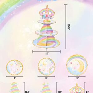 Unicorn Cupcake Stand - Unicorn Birthday Party Decorations for Girls Kids 3-Tier Cardboard Cupcake Stand Dessert Tower Holder Round Serving Tray Stand Unicorn Horn Theme Baby Shower Party Supplies