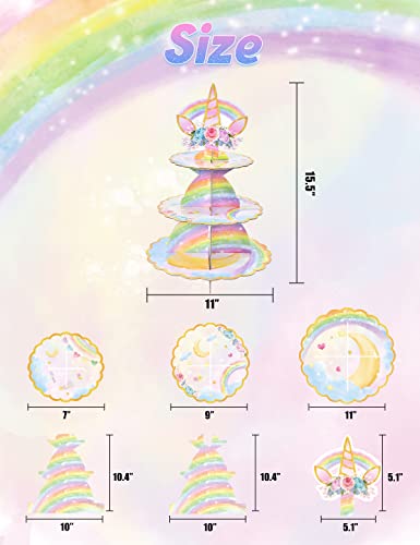 Unicorn Cupcake Stand - Unicorn Birthday Party Decorations for Girls Kids 3-Tier Cardboard Cupcake Stand Dessert Tower Holder Round Serving Tray Stand Unicorn Horn Theme Baby Shower Party Supplies