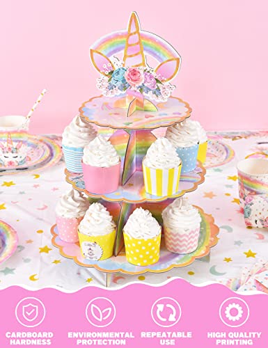 Unicorn Cupcake Stand - Unicorn Birthday Party Decorations for Girls Kids 3-Tier Cardboard Cupcake Stand Dessert Tower Holder Round Serving Tray Stand Unicorn Horn Theme Baby Shower Party Supplies