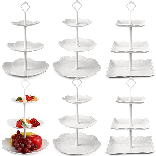 6 Packs Dessert Stand 3 Tiers Plastic Cupcake Stand Serving Tray Cupcake Display Stand Cookie Trays for Parties Round Flower Square Candy Trays for Display Party and Platters for Home (White)