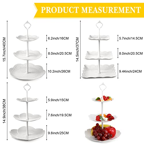 6 Packs Dessert Stand 3 Tiers Plastic Cupcake Stand Serving Tray Cupcake Display Stand Cookie Trays for Parties Round Flower Square Candy Trays for Display Party and Platters for Home (White)