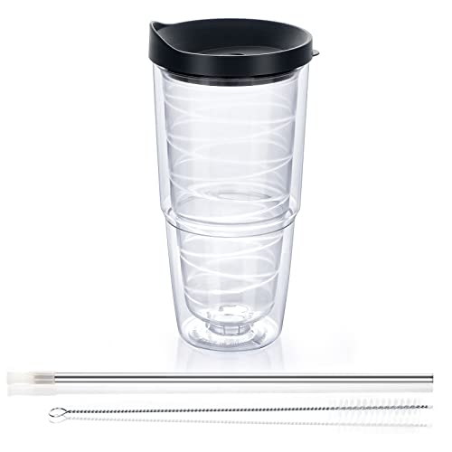 Modwnfy Clear Insulated Tumbler 24 Oz, Double Wall Tumbler with Black Lid And Straw, Plastic Tumbler Cups, Large Capacity Clear Tumbler, Clear Tumblers for Cold ＆ Hot Drinks