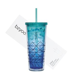 bzyoo sip 24oz (710ml) double wall plastic tumbler with lid and straw cold drink travel mug party reusable cup for office outdoor dining gift for him & her (blue & green)