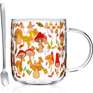 mushroom mug with handle, 15oz clear mushroom glass cup, cute mushroom stuff coffee mug with stainless steel desert spoon long teaspoons for coffee tea milk gift decor