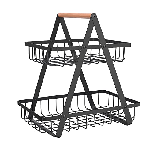 mahueeol 2 Tier Countertop Fruit Basket,Portable Fruit Bowle Basket for Kitchen Organizer Storage & Dining Room Fruits Vegetable Bread Snacks, Detachable Metal Rectangle Basket Storage