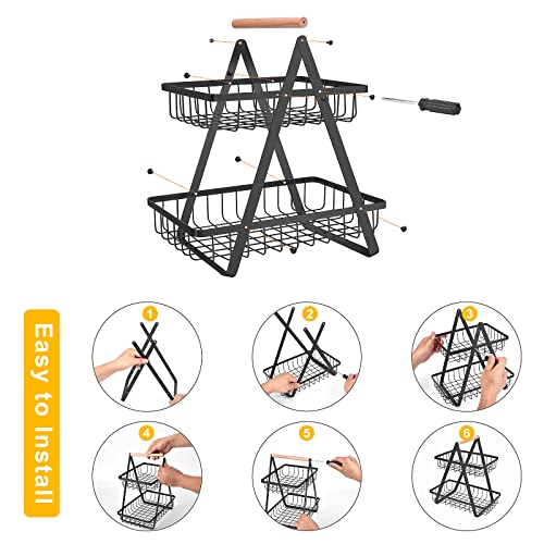 mahueeol 2 Tier Countertop Fruit Basket,Portable Fruit Bowle Basket for Kitchen Organizer Storage & Dining Room Fruits Vegetable Bread Snacks, Detachable Metal Rectangle Basket Storage