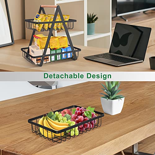 mahueeol 2 Tier Countertop Fruit Basket,Portable Fruit Bowle Basket for Kitchen Organizer Storage & Dining Room Fruits Vegetable Bread Snacks, Detachable Metal Rectangle Basket Storage