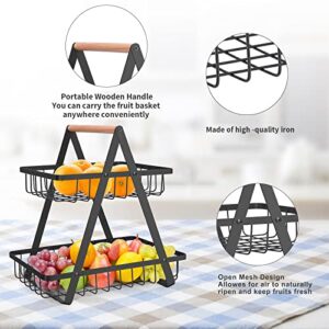 mahueeol 2 Tier Countertop Fruit Basket,Portable Fruit Bowle Basket for Kitchen Organizer Storage & Dining Room Fruits Vegetable Bread Snacks, Detachable Metal Rectangle Basket Storage