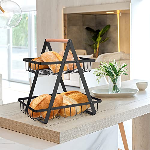 mahueeol 2 Tier Countertop Fruit Basket,Portable Fruit Bowle Basket for Kitchen Organizer Storage & Dining Room Fruits Vegetable Bread Snacks, Detachable Metal Rectangle Basket Storage