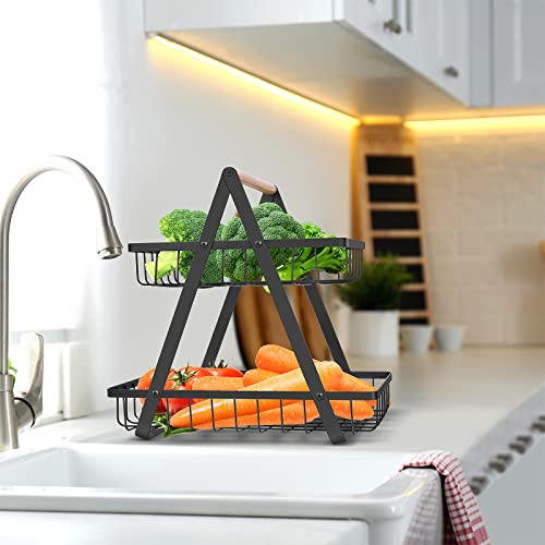 mahueeol 2 Tier Countertop Fruit Basket,Portable Fruit Bowle Basket for Kitchen Organizer Storage & Dining Room Fruits Vegetable Bread Snacks, Detachable Metal Rectangle Basket Storage