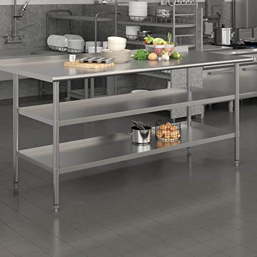 BizChair Stainless Steel 18 Gauge Work Table with 1.5" Backsplash and 2 Undershelves - 72" W x 30" D x 34.5" H, NSF