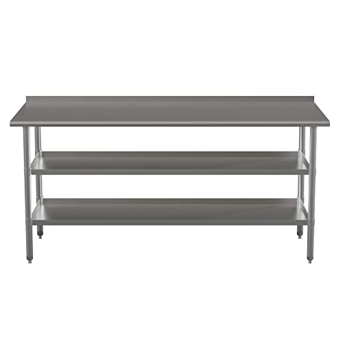 BizChair Stainless Steel 18 Gauge Work Table with 1.5" Backsplash and 2 Undershelves - 72" W x 30" D x 34.5" H, NSF