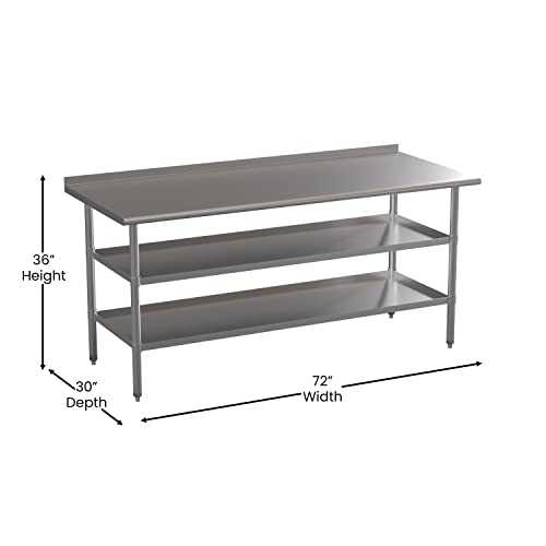 BizChair Stainless Steel 18 Gauge Work Table with 1.5" Backsplash and 2 Undershelves - 72" W x 30" D x 34.5" H, NSF