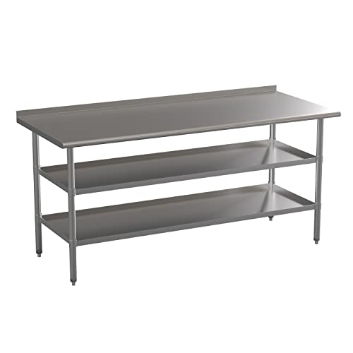 BizChair Stainless Steel 18 Gauge Work Table with 1.5" Backsplash and 2 Undershelves - 72" W x 30" D x 34.5" H, NSF