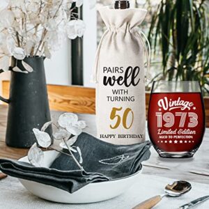 50th Birthday Gifts for Women Men -50 Year Old Birthday Decoration Gift -50th Anniversary Party Supplies -15 Oz 1 Stemless Wine Glass And 1 Wine Bag