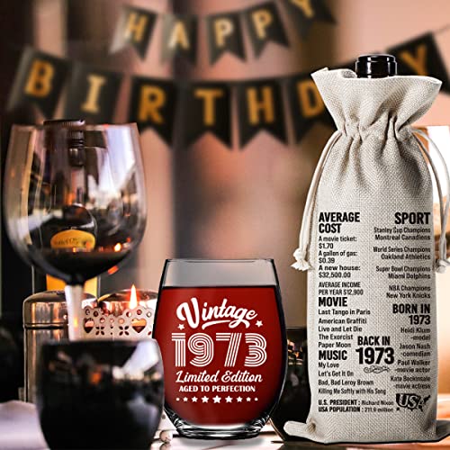 50th Birthday Gifts for Women Men -50 Year Old Birthday Decoration Gift -50th Anniversary Party Supplies -15 Oz 1 Stemless Wine Glass And 1 Wine Bag