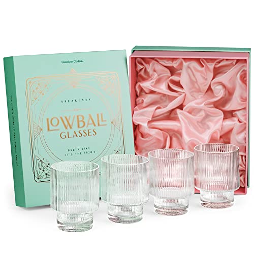 GLASSIQUE CADEAU Vintage Art Deco Ribbed Lowball Cocktail Glasses | Set of 4 | 12 oz Crystal Double Old Fashioned Tumblers for Drinking Classic Whiskey, Gin, Vodka Bar Drinks | Round Glassware