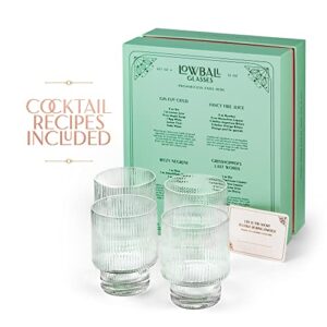 GLASSIQUE CADEAU Vintage Art Deco Ribbed Lowball Cocktail Glasses | Set of 4 | 12 oz Crystal Double Old Fashioned Tumblers for Drinking Classic Whiskey, Gin, Vodka Bar Drinks | Round Glassware