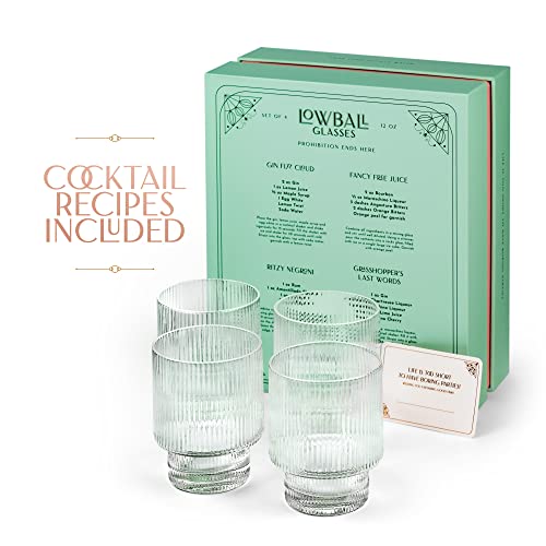 GLASSIQUE CADEAU Vintage Art Deco Ribbed Lowball Cocktail Glasses | Set of 4 | 12 oz Crystal Double Old Fashioned Tumblers for Drinking Classic Whiskey, Gin, Vodka Bar Drinks | Round Glassware