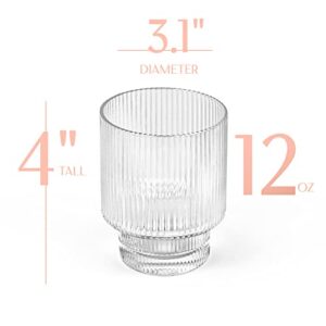 GLASSIQUE CADEAU Vintage Art Deco Ribbed Lowball Cocktail Glasses | Set of 4 | 12 oz Crystal Double Old Fashioned Tumblers for Drinking Classic Whiskey, Gin, Vodka Bar Drinks | Round Glassware