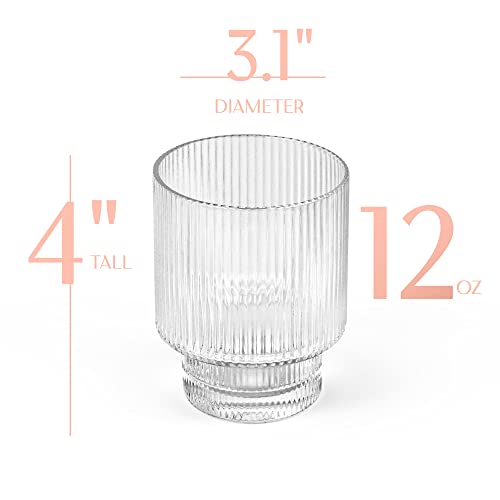 GLASSIQUE CADEAU Vintage Art Deco Ribbed Lowball Cocktail Glasses | Set of 4 | 12 oz Crystal Double Old Fashioned Tumblers for Drinking Classic Whiskey, Gin, Vodka Bar Drinks | Round Glassware