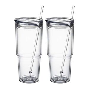 meway 30oz/2 pcs classic insulated tumblers,double wall acrylic tumbler with lid，reusable plastic insulated tumblers with straw，for cold drinks, sand ice, whatever you like(transparent,2 pack)
