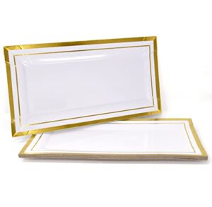 10 white rectangle trays with gold rim border for elegant dessert table serving parties 14" x 7.5" heavy duty disposable paper cardboard for platters cupcake display birthday party weddings food safe