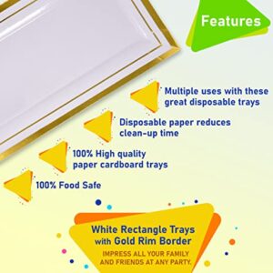 10 White Rectangle Trays with Gold Rim Border for Elegant Dessert Table Serving Parties 14" X 7.5" Heavy Duty Disposable Paper Cardboard for Platters Cupcake Display Birthday Party Weddings Food Safe