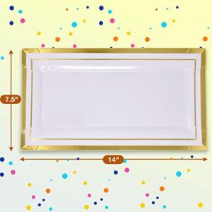 10 White Rectangle Trays with Gold Rim Border for Elegant Dessert Table Serving Parties 14" X 7.5" Heavy Duty Disposable Paper Cardboard for Platters Cupcake Display Birthday Party Weddings Food Safe