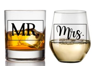 cool af mr and mrs whiskey and wine glass gift set - wedding gift glass set for bride and groom - engagement gift for couples and newlyweds - husband and wife