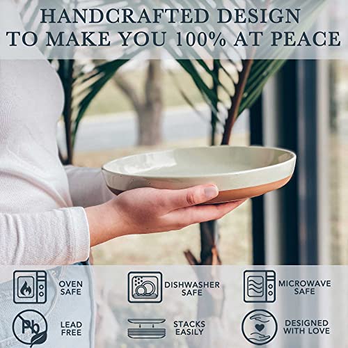 Mora Ceramic Flat Pasta Bowl Set of 4-35oz, Microwave Safe Plate with High Edge - Modern Porcelain Dinnerware for Kitchen and Eating, Large Wide Bowls/Plates for Serving Dinner, Salad, etc- Neutrals