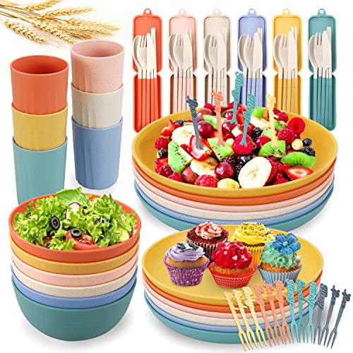 KAMJUNTAR Wheat Straw Dinnerware Sets For 6(72pcs), Unbreakable Microwave Safe Reusable Wheat Straw Plates and Bowls Sets Eco Friendly,Dishwasher Safe,Wheat Straw Plates,Wheat Straw Bowls