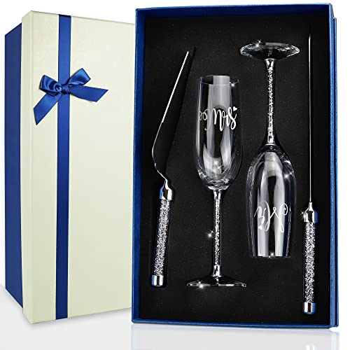 Wedding Cake Knife and Server Set, Crystal Champagne Flutes Glasses Engraved Mr & Mrs, Cake Cutting Set for Wedding, Bride and Groom Toasting Champagne Flutes, Anniversary Engagement Gifts for Couple