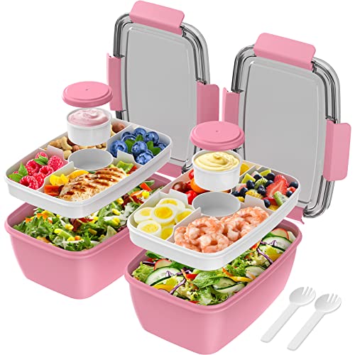 Cherrysea 2Pack Salad Lunch Container, 68oz Salad Bowls with 4 Compartments Tray,Leak Proof Lunch Box with Fork for Men,Women BPA-Free Snack Container with Sauce Container for Dressings-Pink