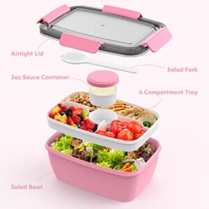 Cherrysea 2Pack Salad Lunch Container, 68oz Salad Bowls with 4 Compartments Tray,Leak Proof Lunch Box with Fork for Men,Women BPA-Free Snack Container with Sauce Container for Dressings-Pink