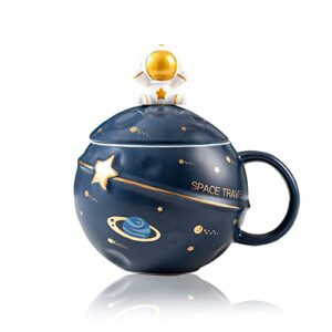 kawaii astronaut cup space embossed planet mug, cute ceramic coffee mug, novelty mug with lid and spoon for coffee, tea, milk, aesthetic room decor funny gift birthday for girl boy women (dark blue)