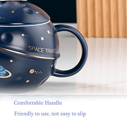 Kawaii Astronaut Cup Space Embossed Planet Mug, Cute Ceramic Coffee Mug, Novelty Mug with Lid and Spoon for Coffee, Tea, Milk, Aesthetic Room Decor Funny Gift Birthday for Girl Boy Women (Dark blue)