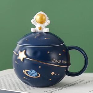 Kawaii Astronaut Cup Space Embossed Planet Mug, Cute Ceramic Coffee Mug, Novelty Mug with Lid and Spoon for Coffee, Tea, Milk, Aesthetic Room Decor Funny Gift Birthday for Girl Boy Women (Dark blue)