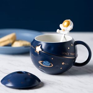 Kawaii Astronaut Cup Space Embossed Planet Mug, Cute Ceramic Coffee Mug, Novelty Mug with Lid and Spoon for Coffee, Tea, Milk, Aesthetic Room Decor Funny Gift Birthday for Girl Boy Women (Dark blue)