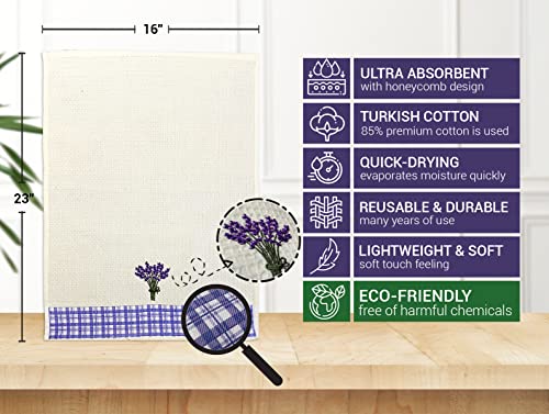 Lavien Home, Dish Towels for Kitchen Lavender Embroidered Absorbent and Soft Turkish Cotton Waffle Weave (Set of 4), Boho Farmhouse Decor with Plaid 16 x 23 inches